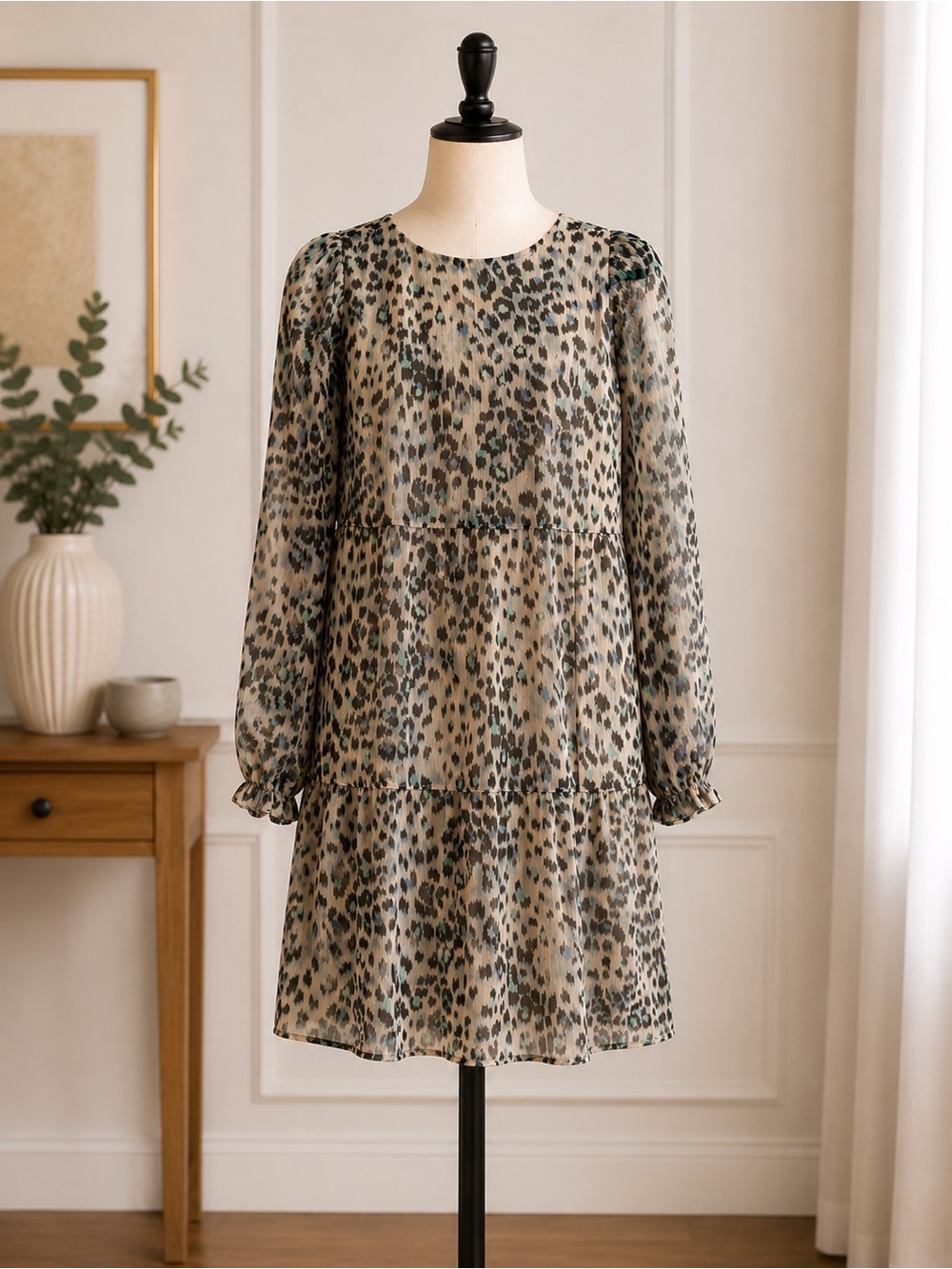 LOFT Cream Leopard Print Tiered Long-Sleeve Dress with Teal Accents